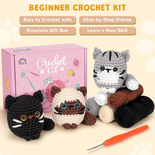 Crochet Kit for Beginners, Cat Crochet Kit for Adults Beginner | Complete DIY Crochet Starter Kit with Step-by-Step Video Tutorials, Easy Knitting Kit Cat Crochet Gifts - color: Kitty Friend