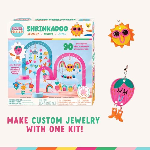 Bright Stripes Shrinkadoo Jewelry Making Kit for Kids and Teens, Ages 8+ | Includes 90 precut shrink plastic pieces, markers, chains plus findings, a fun creative accessory gift idea suited to girls - color: Multicolor, style: Jewelry Making Kit