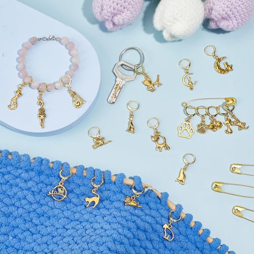 PH PandaHall 20 Styles Cat Stitch Markers with 4PCS Safety Pins Gold Paw Print Moon Crochet Stitch Marker Charms Cute Kitten Knitting Locking Marker for Knitting Weaving Quilting Sewing Jewelry Making - color: Gold