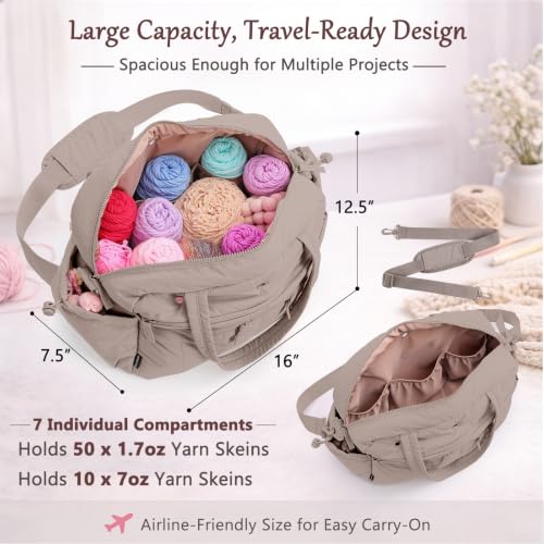 MYBAGZING Stylish Crochet Bag Organizer with Crochet Hook Case, Large Capacity Yarn Bag for Crocheting on the Go, Soft Quilted Crochet Tote with 7 Compartments, Knitting Project Carry-On Travel Gift - color: Grey