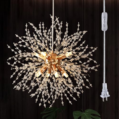 Plug in Crystal Chandeliers Firework, Dandelion Chandelier Modern, Gold Sputnik Pendant Light, 8 Light Hanging Ceiling Light Fixture G9 Socket for Dining Room Kitchen Bedroom Foyer Hallway Entryway - color: Gold