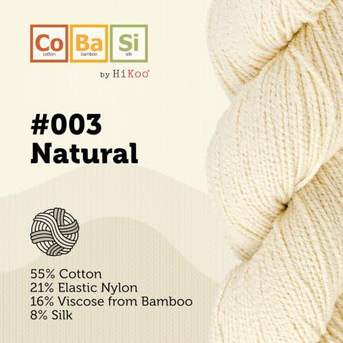 HiKoo CoBaSi Sock Yarn, Cotton, Bamboo Viscose, Silk and Nylon Blend for Knitting, Crocheting, and Crafts, 50 Gram Hank, 220 Yards, (#003 - Natural) - color: #003 - Natural