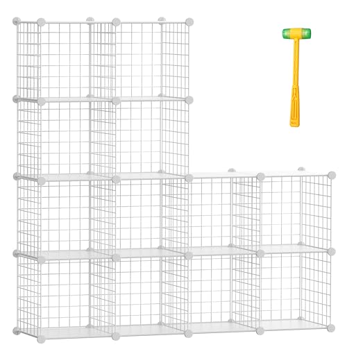Cube Storage Organizer, Metal 12-Cube Shelves Bookshelf, Portable Closet Clothes Organizer for Bedroom, Home, Office, White - color: White Plus Iron, size: 12 Cubes