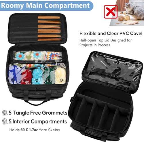 Crochet Organizer Bag with Yarn Holder, Large Yarn Storage for Accessories | 3PCS Crochet Knitting Bag with Accessory Pouch for Hooks, Needles, Travel Tote, Crochet Lovers, Gift for Crafters, No-Tangle - color: Black