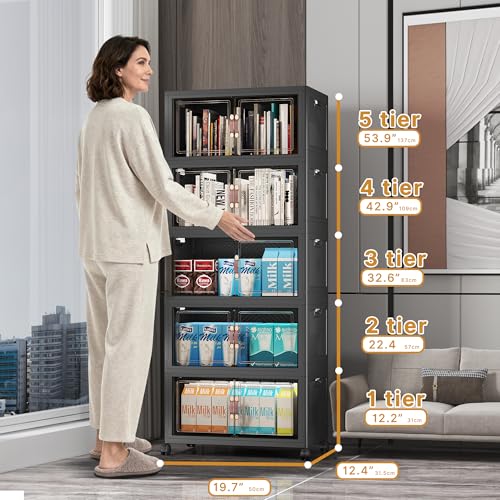 UAMFURI Stackable Storage Bins, 275QT Collapsible Drawers with 1 Lid | Large Capacity, Magnetic Door, Stack Lock, Rolling Wheels, Foldable Design, Organizers and Storage for Bedroom Dorm Garage - color: Dark-55qt, size: 5Pack with 1 top lid