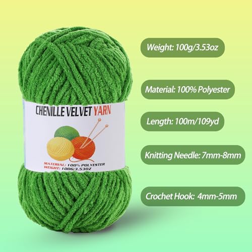 2 * 100g/3.5oz Fluffy Chenille Yarn for Crocheting, Chunky Velvet Yarn for Crochet Amigurumi, Used for Making Baby Yarns Blanket, Clothes, Pattern Knitting Creations (Grass Green) - color: Grass Green