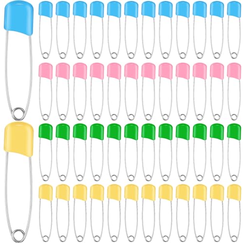 WILLBOND 100 Pcs Large Safety Pins for Clothes,with Bag, Four Colors | Plastic Head with Locking Closures, Heavy Duty Nappy Pins Hooks, 2.2 Inch Fasteners, Stainless Steel, Velvet Bag - color: Four Colors