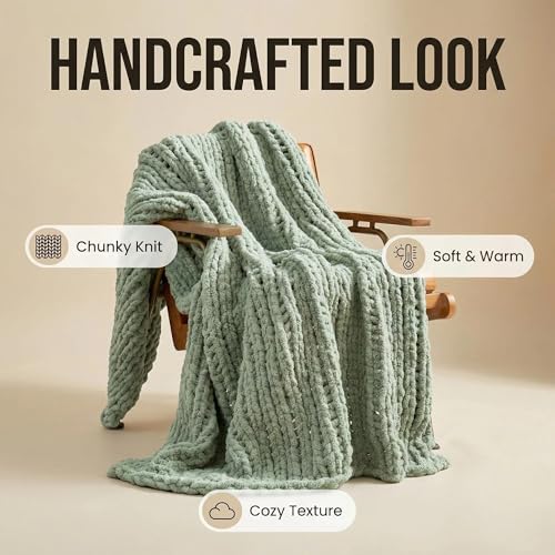 Chenille Chunky Knit Throw Blanket for Couch 50"x60", Sage Green | Handmade Chenille Crochet Throw for Sofa Bed, Thick Cable Knitted Blankets for Room Home Decor, Birthday Gift for Women - color: Sage Green, size: 50"x60"