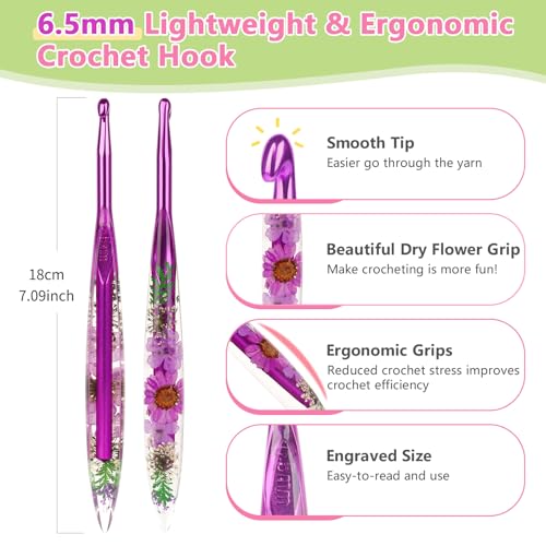 Katech 6.5mm Crochet Hook for Arthritic Hands, Long Aluminum Inline Hooks | Ergonomic Crochet Hooks with Dried Floral Grip-Elegant & Unique, Smooth Crochet Needle-Crochet Gift for Beginner&Crocheter - size: 6.5mm
