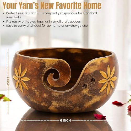 Wooden Yarn Bowl – Solid Dark Hardwood Holder for Knitting & Crochet | 6"x6"x3" Pinkwashed Portable Organizer – Handmade Gift for Women, Christmas Craft Supplies - color: Pinkwashed, size: 6" x 6" x 3"