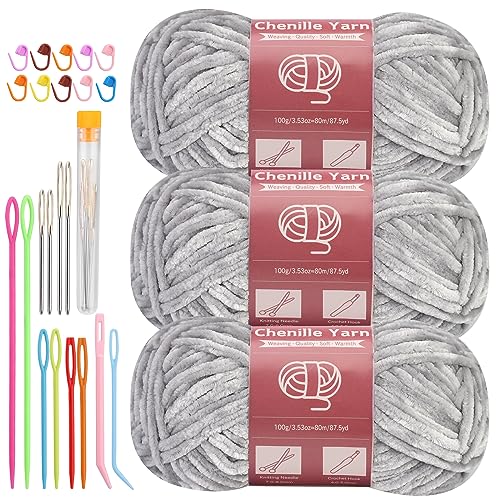 LUNARM Chenille Yarn 3 Pack 3.5oz Chunky Blanket Velvet Yarn 263 Yard | Light Grey Chunky Chenille Yarn for Beginners Crocheting Hand Knitting Scarves with Big Eye Needles Machine Washable - color: Light Grey