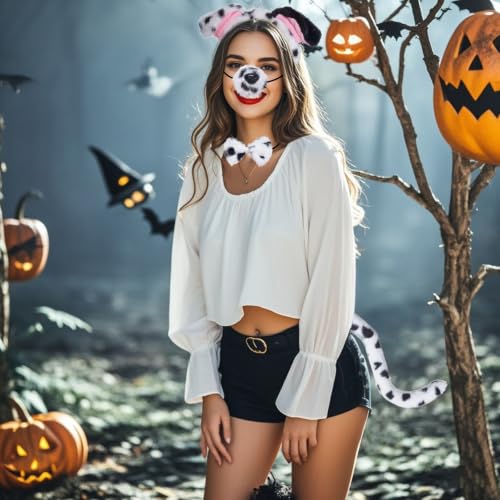 Jmkcoz 4 Pcs Dalmatian Dog Costume Set Puppy Dog Ears Headband and Tail Nose Bow Tie for 100 Days of School Halloween Cosplay - color: White & Black
