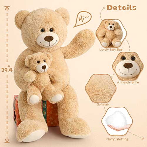 Tezituor Big Teddy Bear with Baby, 39 inch Large Mommy Teddy Bear with Baby, Giant Stuffed Bear for Kids, Girlfriend on Mother's Day, Valentine, Christmas, Baby Shower, Light Brown - color: Light Brown