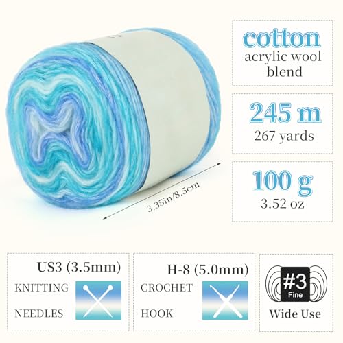 Aeelike Cake Yarn for Crocheting, Soft Ombre Crochet Yarn, Blue Green | 6 PCS #3 Light weight 100g(3.52oz) 245m( 267yards), 60% Cotton Blend Gradient Yarn for Blanket Scarves DIY Crafts, Ideal Gift - color: Blue Green Gradient, size: 6 pcs