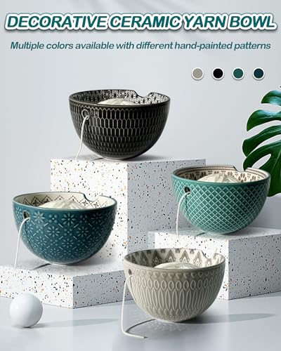 UCDRMA Yarn Bowl for Crocheting Large Yarn Holder Bowl, Round Crochet Bowl Ceramic Yarn Knitting Bowl for Bulky/Acrylic Yarn, Easy-to-use Knitted Yarn Storage Bowl, Great Knitting Crochet Gift - color: Green
