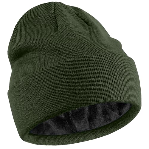 Fleece Lined Wool Beanie Hat Men Women, Warm Cuffed Winter Cap | 50% Wool Thermal Knit, Soft Velvet Fleece Liner, Long Style Full Ear Cover Warm Watch Cap, Tall Roomy Crown Skull Cap - color: Army Green