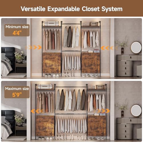 ONBRILL T4 Wall Mounted Closet System with 4 Large Drawers & 4 Hanging Rods | Adjustable from 4'4'' to 5'9'', Industrial Pipe Clothing Rack with 8 Wood Shelves, Heavy Duty Closet Organizers, Rustic Brown - color: Rustic Brown