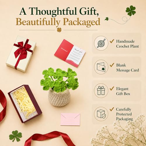 Handmade Crochet Plant Four Leaf Clover Flower Pot for Thank You | A heartfelt handmade gift that brings happiness, friendship, and warm wishes. Perfect for mom, friend, and thinking of you. - color: Clover-white Pot