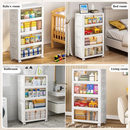 YFXCVSL 4 Tier Plastic Storage Bins with Lid 36QT, Stackable Storage Bins | Plastic Storage Bins with Wheels, Folding Storage Boxes, Organizers and Storage for Living Room,Office,Dorm - size: 4-Tier 36QT