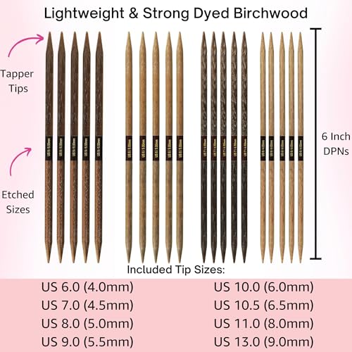 Lykke Umber Large 6-inch DPN Knitting Needles Set | Large US 6, 7, 8, 9, 10, 10.5, 11, 13 Umber Case, Birchwood Semi-Sharp Tips, Project Bag - color: Umber-with-Umber-Case