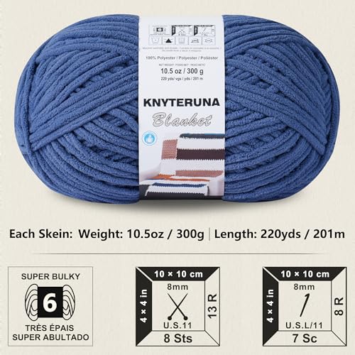 #6 Super Bulky Blanket Yarn for Crocheting - 4 Skeins(Each 10.5oz/300g, 220yds/201m), Chunky Chenille Thick Plush Big Soft Yarn for Crocheting Knitting Blankets, Country Blue - color: Country Blue