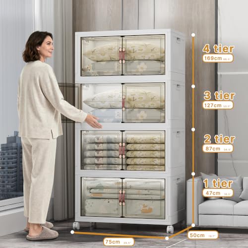 UAMFURI 700QT Stackable Storage Bins with Lids, Storage Cabinet with Wheels | Clear Doors Lockable Storage Bins Collapsible Closet Organizer for Space Saving Easy Assembly Extra Large Capacity Heavy Duty - color: White-175QT, size: 4Pack with 1 top lid