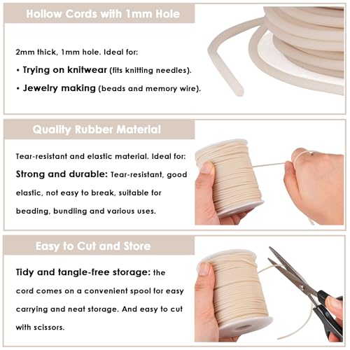 Hollow Rubber Cord 54 Yards 2mm Milk White Stitch Keeper with 1mm Hole | Rubber Tubing Knitting Barber Cord Pipe Tube with Spool for Knitting Projects, Jewelry Making, Bead Creations - color: Milk White