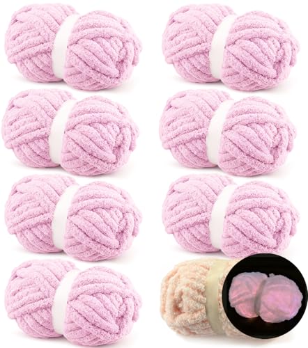 8 Pack Chunky Chenille Yarn for Hand Knitting, Glow in The Dark, Lavender | 8-pack jumbo chenille yarn with 1 glow-in-the-dark skein! Ultra-soft, fast to hand knit & perfect for DIY cozy gifts - color: Pink Glow+Lavender