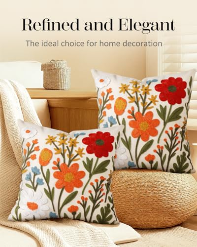 Embroidered Throw Pillow Covers 18x18 Inch, 2Pack, Flower Cluster | Decorative Pillow Covers Set of 2, Floral Cushion Cases with Hidden Zipper, Farmhouse Decor for Couch, Sofa, Living Room - color: Flower Cluster, size: 18" x 18" (Pack of 2)