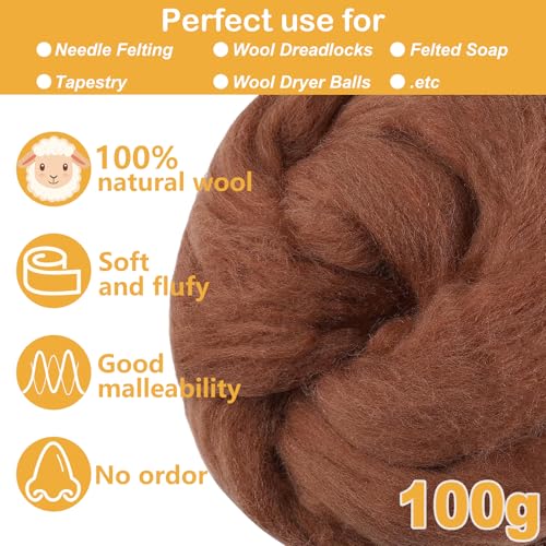 Brown Beige Wool for Needle Felting,3.5oz Felting Wool, Soft Wool Batting for DIY Crafts, NeedleFelting Projects, and Artwork - color: Brown beige