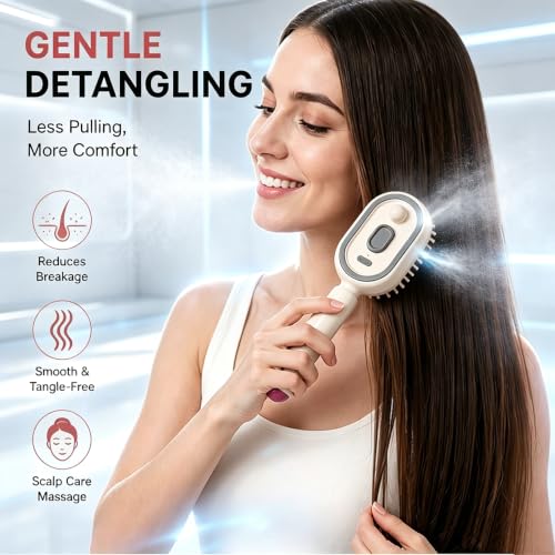 New Electric Mist Air Cushion Massage Brush, 5-in-1 Anti-Tangle Hair Comb for Dry Frizzy Hair, Self-Cleaning Shine Boost Hair Care Brush for Ladies (Purple) - color: purple-