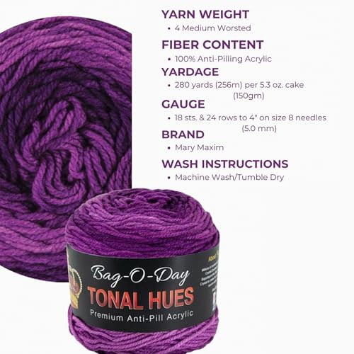 Mary Maxim Bag-O-Day Tonal Hues Ombre Yarn for Crocheting and Knitting, Medium Worsted Weight Anti-Pilling Acrylic Yarn Cake - 280 Yards, 5.3 OZ, Your Majesty Queen - color: Your Majesty Queen