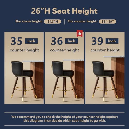 26 Inch Black Leather Swivel Counter Bar Stools Set of 2 | Upholstered pleated backs, wood legs, gold footrests, 300lbs capacity swivel chairs for home kitchen islands - color: Black, size: 26" Counter Height-2 Pieces