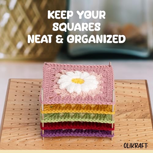 Olikraft Granny Square Blocking Board (9.5 Inch, 20 Pins) | Durable wood build, evenly spaced 0.5 inch holes for perfect tension, secure hold from rust-resistant stainless steel - size: 9.5 inches, style: Premium - 20 pins