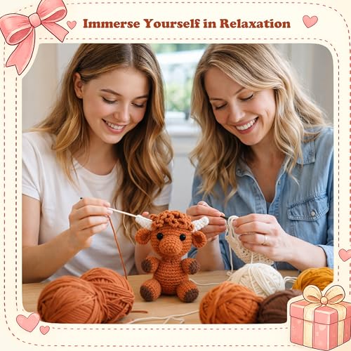 HOUSE CREATIVITY Crochet Kit for Beginners, Make a Highland Cow, Amigurumi Starter Kit with Step-by-Step Video Tutorial, Yarn, Hook & Stuffing, Stress Relief DIY Craft Gift for Adults - color: Cow