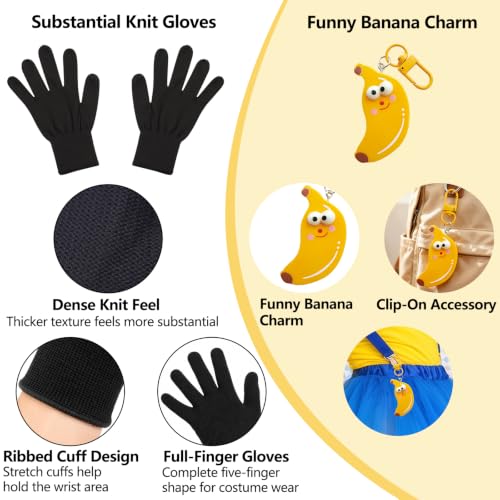Cartoon Character Costume Accessory Kit Adult Men Women Halloween Costumes | Funny Easy Halloween Costumes Accessories Beanie Hat Goggles Gloves Banana Keychain for Birthday Themed Party Dress Up Set - color: Yellow & Purple