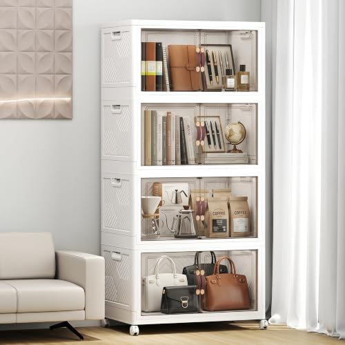 UAMFURI Stackable Storage Bins with Lids, 440QT Lockable Storage Cabinet | Closet Organizers, Foldable Storage Box with Doors and Wheels, Plastic Drawers for Home, Garage, Office (4, White, Plus) - color: White, size: Plus