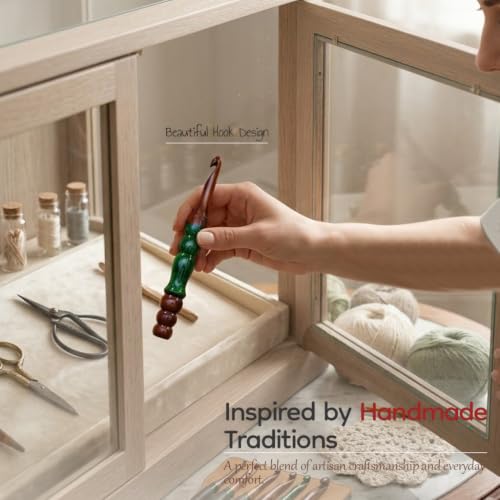 Wooden Crochet Hooks - Green Resin Epoxy & Wood Mix, Ergonomic Soft Handle Needles for Knit, Weave & Craft Yarn - Set of 15 - color: Set of 15