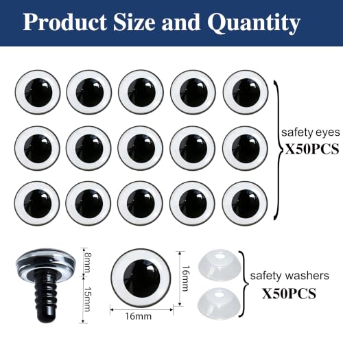 100Pcs 3D Clear Safety Eyes and Washers - Thalinfayi 16mm Round Pupils Safety Eyes Crochet Amigurumi Eyes for DIY Crochet Doll, Amigurumi, Crafts Supplies - color: Round Pupils Safety Eyes, size: 16mm(0.63inch)