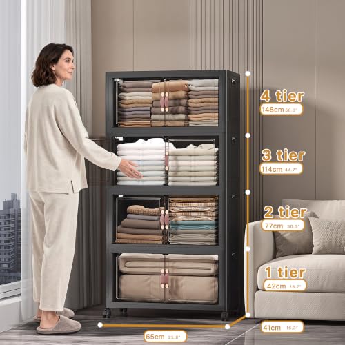 UAMFURI Stackable Storage Bins with Lids, 480QT Lockable Storage Cabinet | Folding Storage Box with Doors and Wheels, Collapsible Plastic Drawers for Home, Garage, Office - color: Black, size: Large
