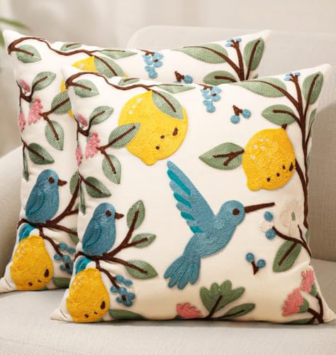 Embroidered Throw Pillow Covers 18x18 Inch, 2Pack, Bird Lemon | Decorative Pillow Covers Set of 2, Farmhouse Cushion Cases with Hidden Zipper, Cottagecore Decor for Couch, Sofa, Living Room - color: Bird Lemon, size: 18" x 18" (Pack of 2)