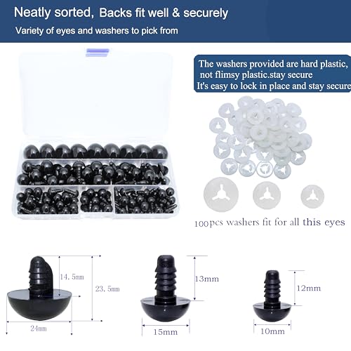 Thalinfayi 200pcs 10/15/24mm Safety Eyes and Washers for Amigurumi Crochet | Black Plastic Crochet Craft Eyes for Stuffed Plush Animals, Crafts, Crochet Doll DIY Making Supplies ; Neatly Sorted by Size - color: Black