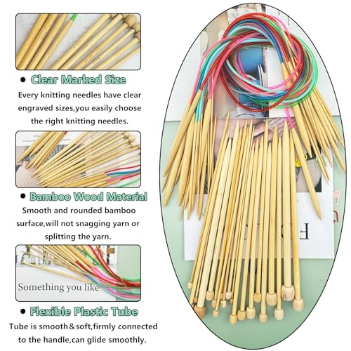 Hobekoee Knitting Needles Set,18 Sizes 2mm-10mm | 36 PCS 9.8" Straight Single Pointed Bamboo Knitting Needles ＆ 18 Pairs 31.5” Bamboo Circular Knitting Needles Set