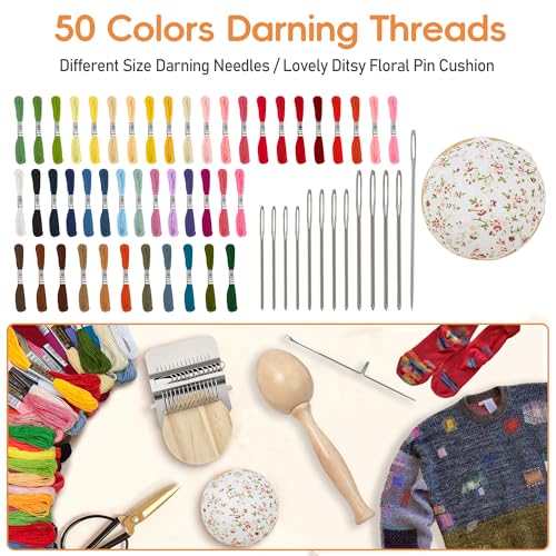 Mini Darning Loom,Egg Knitting Patch Kit with 14 Hooks Small Weaving Loom 13 Pcs Large Eye Needles 50 Color Threads for Handcraft DIY Weaving Repair Tool Darning Kit for Beginners Mending Jeans Socks - color: Egg-14 Hook