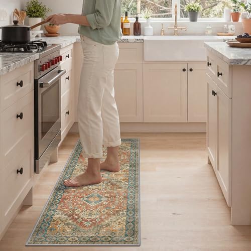 GENIMO Kitchen Rugs Set of 2, Washable Non Slip Cushioned Mats for Floor | 20"x32"&20"x48", Retrobrick vintage boho rug, soft faux cashmere, low pile, easy-clean for laundry, entryway, sink, farmhouse - color: Retrobrick, size: 20"x32"+20"x48"