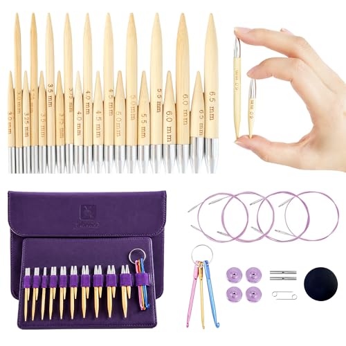 Yarniss 10 Size Shortie Circular Knitting Needles Set with Cable 3.25~6.5mm | Bamboo Mini Interchangeable Knitting Needle with Swivel Cable,Sock Knitting Needle - color: Nature