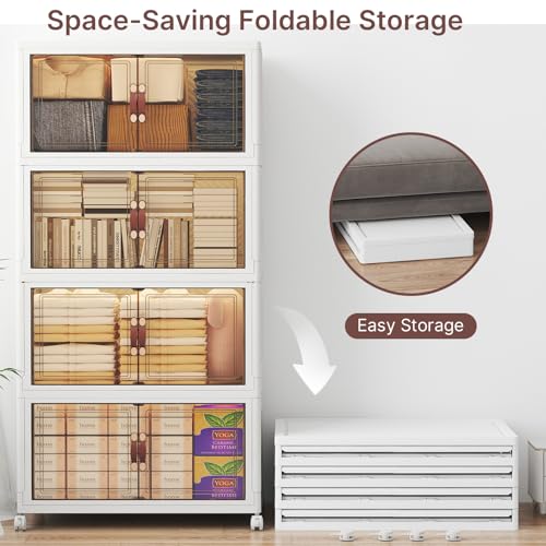 UAMFURI Stackable Storage Bins with Lids, 480QT Lockable Storage Cabinet | Folding Storage Box with Doors and Wheels, Collapsible Plastic Drawers for Home, Garage, Office - color: White, size: Large