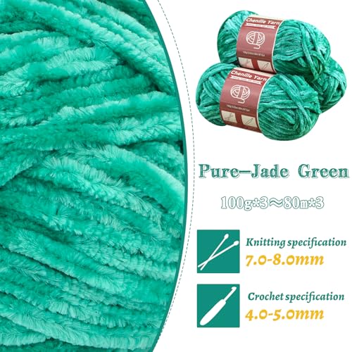 LUNARM Chenille Yarn 3 Pack 3.5oz Chunky Blanket Velvet Yarn 263 Yard | Jade Green Chunky Chenille Yarn for Beginners Crocheting Hand Knitting Scarves with Big Eye Needles Machine Washable - color: Jade Green
