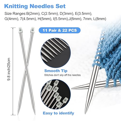 Katech Knitting Needles Set for Beginners, Complete Full Size Knit Needle | 9 Pairs Circular Knitting Needles Set and 22 Pcs Single Pointed Knitting Needle Set with Tote Bag Knitting Accessories - size: 9.8 inch（Single Pointed）