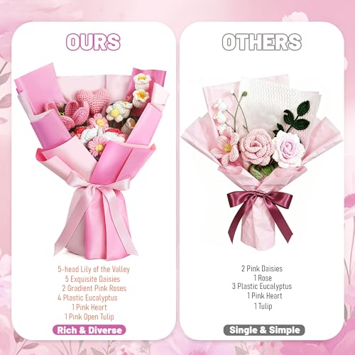 TORONTOKYO Crochet Flower Bouquet, Pink Crochet Bouquet for Women, 18 PCS | Handmade Knitted Flowers with Gift Card for Valentine's Day, Mother's Day, Graduation, Birthday Gifts - color: Pink